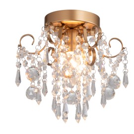 Q&S Mini Chandelier Crystal Ceiling Light,Small Flush Mount Gold Light Fixture for Entryway Bedroom Barthroom Hallway Closet E12