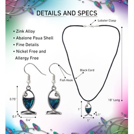 Aqua79 Christian Fish Necklace & Earrings Jewelry Set - Silver Pendant with Black Cord Necklace & Dangle Hook Earrings Made with Natural Paua Abalone Shell - 18 Inch