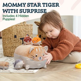 Snug A Babies Wonder Products Tiger with Puppies Plush Toy Set - Soft Textiles - Includes 1 Mommy Tiger and 4 Cubs - Cute Stuffed Animals for Girls for Kids - 13x6x6 Inch - Orange White