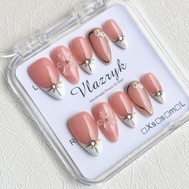 Uñas Postizas Francesas Cortas Marrones con Diseño de Diamantes de Imitación Metálicos 3D, Hechas a Mano, Reutilizables, Acrílicas (10 Unidades)