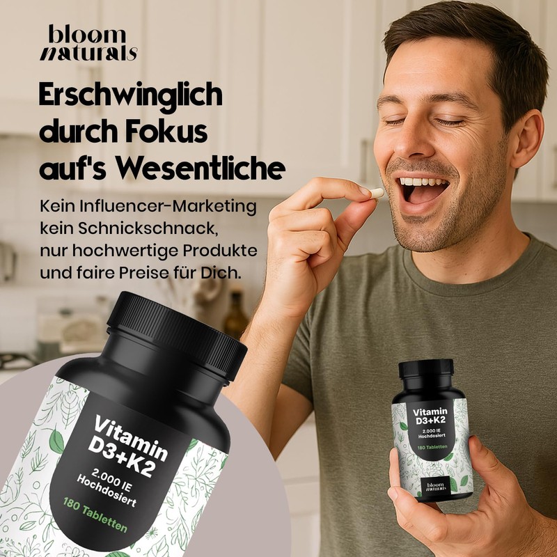 Vitamin D3 K2 High Dose - 180 Tablets with 2000