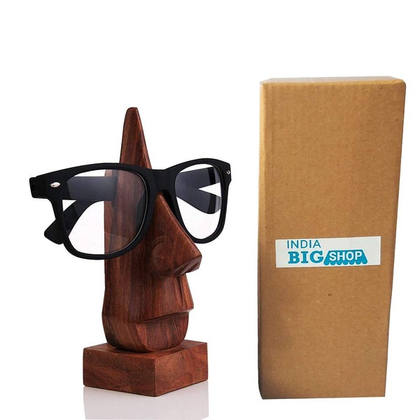 IndiaBigShop Classic Hand Carved Sheesham Wood Nose Shaped Eyeglass Spectacle Holder Stand Decorative Accessories