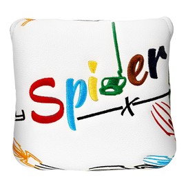 Golf Square Mallet Putter Cover Magnetic Heel-Shaft Headcovers Colorful Spider Pattern White PU Leather
