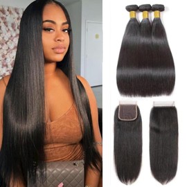 Straight 3 Bundles With Closure Human Hair 18 20 22 and 16 Inch Bundles With Transparent Lace 4X4 Closure Human Hair