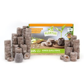 FLORTUS Coconut Source Pots Made of Potting Soil with Nutrients - Pack of 105 Coconut Swelling Tablets Peat-Free & Biodegradable - Source Tablets Made of Coconut Soil Pressed for Planting Seeds &