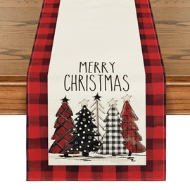 Artoid Mode Watercolor Red and Black Buffalo Plaid Christmas Trees Merry Xmas Table Runner, Seasonal Winter Holiday Kitchen Dining Table Decoration for Indoor Outdoor Home Party Decor 13 x 72 Inch