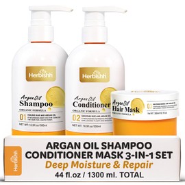 Set Herbishh con Shampoo, Acondicionador y Mascarilla de Aceite de Argn Marroqu  Hidratacin y Limpieza Profunda para Cabello Seco, Daado y con Frizz  