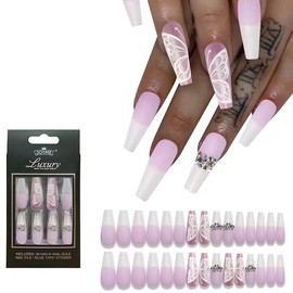 30 PCS Long Coffin Press on Nails with 3 Designs,French Matte False Nails with Flash Rhinestone Glossy Fashion Ballerina Fake Nails with 3D Butterfly,Full Cover Stick on Nails for Women Girls (Purple)