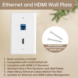 3 Pack HDMI Ethernet Wall Plate, RJ45 Cat6 HDMI Keystone Jack, 2-Port Ethernet Wall Outlet with Low Voltage Mounting Bracket, Hide Cables Behind The Wall