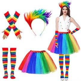 Carnival Rainbow Costume Women, 4 Rainbow Tulle Skirt Women, Rainbow Costume, Carnival Costume Women, with Feather Headband, Rainbow Knee-Highs, Fingerless Gloves, for Carnival Party, Universal
