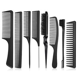 Fuyamp 8 pcs Slick Brush and Comb Set, Plastic Bristle Hair Comb Set, Teasing and Rat Tail Combs Edge Brush for Men Women Hair Slicking (Style 2)