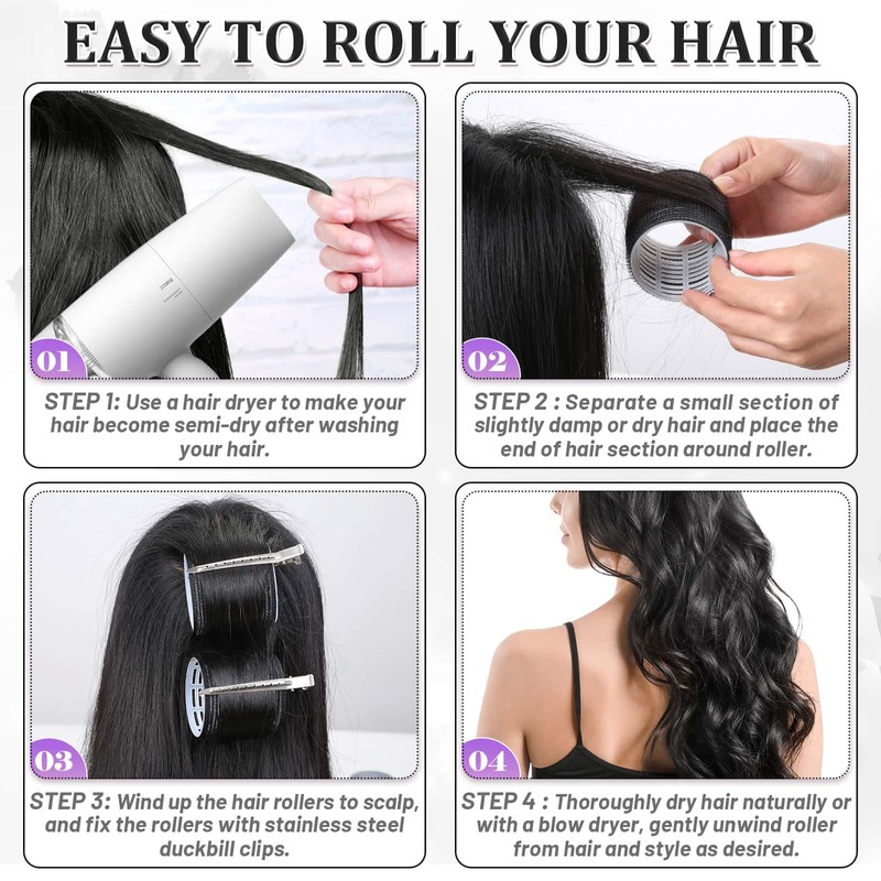 Big Self-Grip Hair Curlers Rollers with Stainless Steel Duckbill Clips