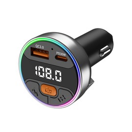 Bluetooth 5.3 FM Transmitter for Car, Wireless Metal Fast Charging & PD30W Type-C, Auto Answer, Navigation Announcement, USB Playback, 7-Color Ambient Light (for Older Cars/Trucks/RVs)