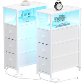 TUTOTAK Narrow End Table with Charging Station, Side Table with Plugins, Tall LED NightStand with 3 Fabric Drawer, Small Bedside Table with Storage, Set of 2, for Living Room, White TB01BW073L