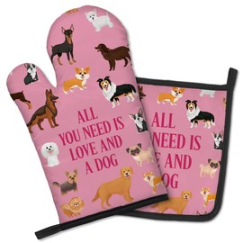GEYGIE All You Need is Love and a Dog, Funny Oven Mitts and Pot Holders Set, Cute Dog Cooking Baking Baking Tools, Gifts for Dog Lovers, Kitchen Gifts for Mom Sister Aunt Coworker Women