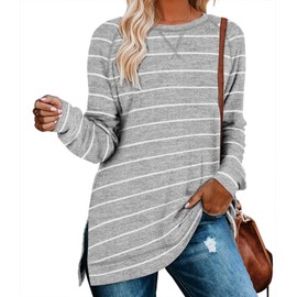 Aokosor Crewneck Sweatshirt Women for Leggings Fall Outfits 2024 Work Split Side Striped Shirt M