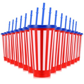 Baderke 24 Pcs 4th of July Plastic Cups Red 24 oz White and Blue Plastic Cups with Lids and Sleeves Stars Stripes Design Drinking Tumbler for Patriotic Memorial Day Reusable Fourth Decor for Party