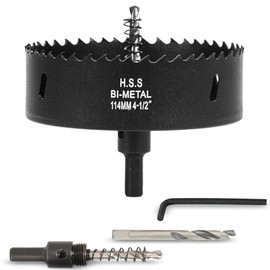 Sierra perforadora de 4-1/2 pulgadas con eje para madera y metal, cortador de agujeros bimetálicos de 4.5 pulgadas, extracción rápida de virutas, borde de perforación plano liso, ligero y