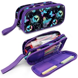 Cute Pencil Case for Girls, Large Girls Pencil Pouch for School Supplies, Portable Butterfly Pen Bag, Aesthetic Pen Box with Zipper, 2 Compartments Stationary Organizer for Kids Teens Students Adults