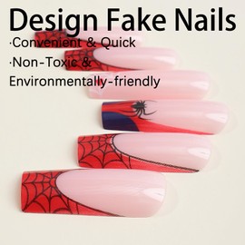 FOXIIU Press on Nails Coffin Long Length Glossy Full Cover Acrylic Coffin Shape French False Nails with Spider Designs Artificial Square Fake Nails with Charms Glue Stick on Fingernails for Women