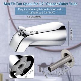 Dreyoo Tub Spout Kit Compatible with American Standard 8888026.002, Slip On Diverter Tub Spout with Metal Cover Ring and Gasket, Bathroom Bathtub Faucet Fits 1/2'' Copper Water Tube(Polished Chrome)