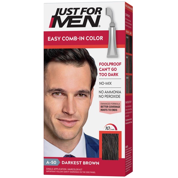 Just For Men Easy Comb-In Color (Formerly Autostop), Gray Hair Coloring for Men with Comb Applicator - Darkest Brown, A-50 (Packaging May Vary)