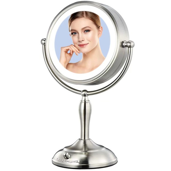 MIRRORMORE Professional 8.5" Lighted Makeup Mirror, 1X/10X Magnifying Vanity Mirror with 3 Color 52 Premium LED Lights, 200-1400 Lux Adjustable Brightness, Free Rotation, Senior Pearl Nickel