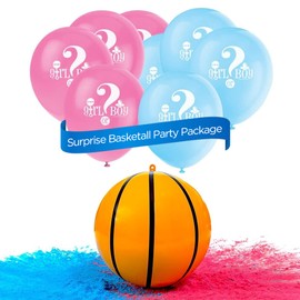 Gender Reveal Surprise Basketball Kit, Non Toxic Pink and Blue Powder Packs, Basketball Shell PLus 8 Balloons, 9 Items Total