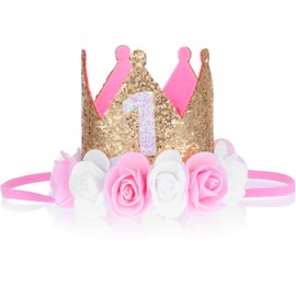 First Birthday Hat 1st Birthday Crown Photo Booth Props Girl Decorations First Rose Gold Baby Pink Party Crown One Year Old Flowers Princess Outfit Felt Toddler Headband For Photo Props