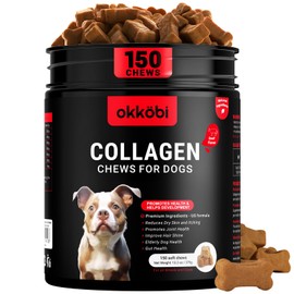 OKKÖBI Collagen for Dogs - 150 Chews - Joint, Skin & Coat Supplement with Hyaluronic Acid, Eggshell Membrane & Vitamin C - Daily Hip & Joint Support for Senior Dogs & Puppies - Beef