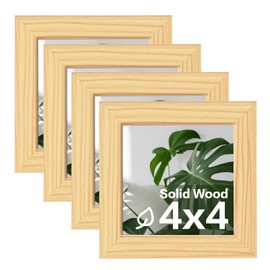 Egofine 4x4 Picture Frames Set of 4, Made of Solid Wood Covered by Plexiglass Display 4x4 for Table Top Display and Wall Mounting Photo Frame, Natural Wood