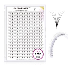 NAGARAKU Eyelash Extensions 320 Pcs Premade Fans Russian Volume Long Stem Premade Fans Thin Pointy Base Natural Pre Fanned Fluffy False Eyelash Clusters Black 16 Rows (9D 0.07 C Curl 9-14mm Mix Tray)