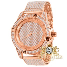 Usdiamondking Men's Fully Iced 18K Rose Gold Finish Simulated Diamond Custom Band Watch 44mm