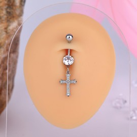 B BodyPJ Sparkles 14G Religious Belly Button Ring with Crystal Cross and Religious Charms, Stainless Steel (Type G,Silver)