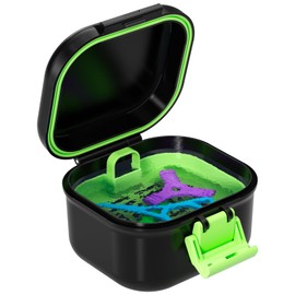 ANYLEY Denture Case, Definitely No-Leak Denture Bath Cup with Strainer for Travel, Household & Office, Completely Clean Care for Retainer, Mouth Guard, & Denture (Black + Light Green)