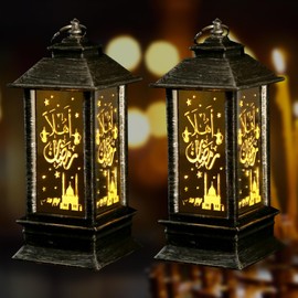 Glodecart 2PCS Ramadan Lanterns, Black, LED, Not Water Resistant, 5x2x3 Inches, Tabletop, Battery Operated, Decorative Electric Lanterns, Home Table Decor, Ramadan Gifts