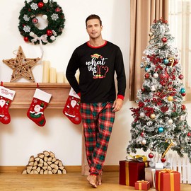 IFFEI Christmas Pajamas for Family Matching PJ's Sets with Letter ELF Printed Long Sleeve Tee and Plaid Bottom with Pocket Men: M
