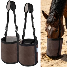 Horse Feed Bag for Grain, Breathable Muzzle Feed Bags for Horses, Universal Mesh Feedbag for Feeding Grain, Anti-Spill Design Feeder, Durable Nose Bag with Solid Bottom (Brown)