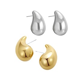 QueenBee 14K Gold And Silver Plated Tear Drop Necklace + Earrings Set, Trendy Water Drop Gold Necklace Earrings for Women, TearDrop Gold Necklace Earrings Chunky Stylish Jewelry,