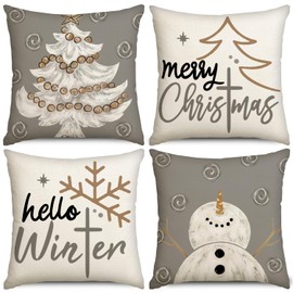 Heirloom Haven 4pcs Christmas Pillow Covers Decorations, 18x18in Gray White Xmas Tree Snowman Pillow Case Winter Throw Pillow Covers Holiday Seasonal Cushion Case Decorations for Couch Sofa Home Decor