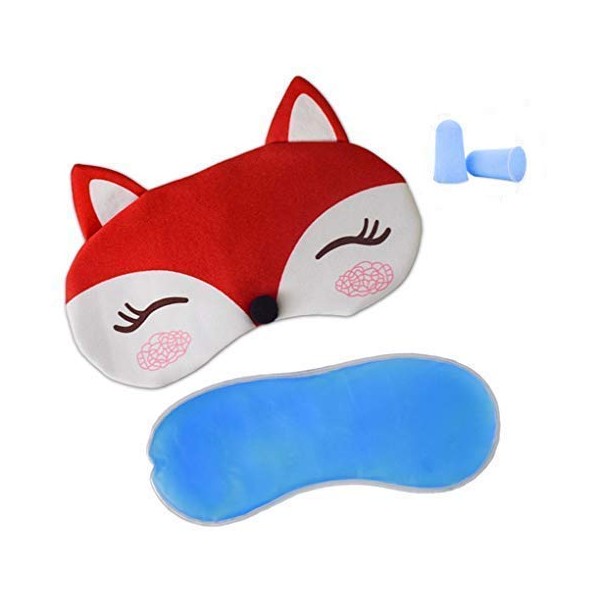 Plush Fox Sleeping Eye Mask with Ice Bag & 2 Earplugs, Paciffico Adjustable Strap Eye Cover Funny Blindfold Eye Shade for Travel/Nap/Meditation,Red