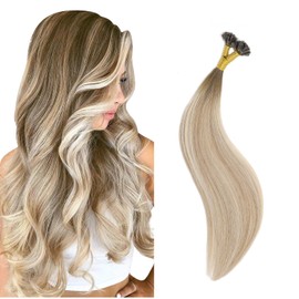 U Tip Hair Extensions Real Human Hair 50 Strands 50g 18inch Balayage Ombre Walnut Brown to Ash Brown and Blonde Pre Bonded Hair Extensions Nail U Tip Hair Extensions #3/8/22 18inch