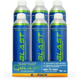 O2 Blast - Pure Oxygen Supplement, Portable Can Filled with 99.99% Pure Oxygen with Custom Breathing Mask, Energy, Performance, Fast Recovery Time, Ideal for High Altitude & Sports - 10L, 6-Pack