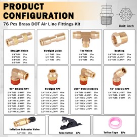 CheeMuii 76 Pcs Brass DOT Air Line Fittings Kit Push Lock Air Fittings Push to Connect Fittings NPT Thread & Quick Connect Air Hose Fittings for DOT Air Line Air Hose Pneumatic Tubing