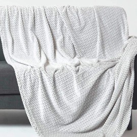 HOMESCAPES Grey Velvet Throw 130 x 160 cm Soft ‘Mora’ Faux Fur Throw Blanket Jacquard Chambray Weave Bed Sofa Throw for Single Beds and Armchairs