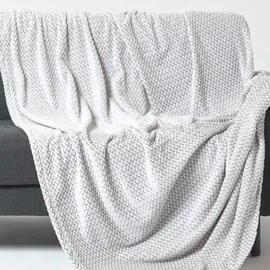 HOMESCAPES Grey Velvet Throw 130 x 160 cm Soft ‘Mora’ Faux Fur Throw Blanket Jacquard Chambray Weave Bed Sofa Throw for Single Beds and Armchairs
