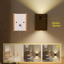 LANDGOO Wooden LED Step Lights Wall Lamp, Motion Sensor Night Lights, Rechargeable Stair Lights for Hallway Indoor Lighting(White Ash Wood 2PCS)