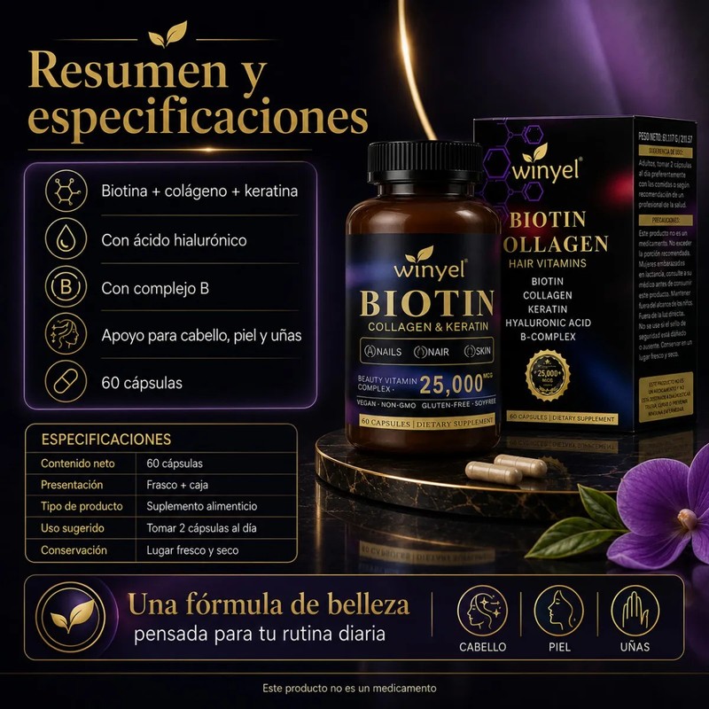 Biotina Alta Potencia Colágeno Keratina 60 Cápsulas Mujer