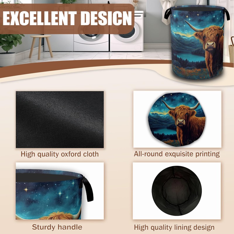 Highland Cow Laundry Baskets,Starry Night Laundry Hamper,Storage Basket with Handles