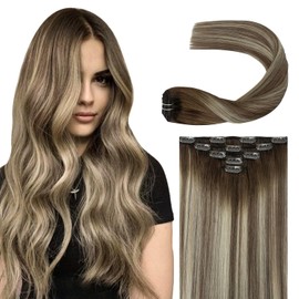 Ombre Real Human Hair Clip in Extensions Straight Balayage Walnut Brown to Ash Brown Mix Light Blonde Natural Clip on Hair Extensions Invisible Double Weft Remy Clip ins Hair 16 Inch 60G 5 PCS